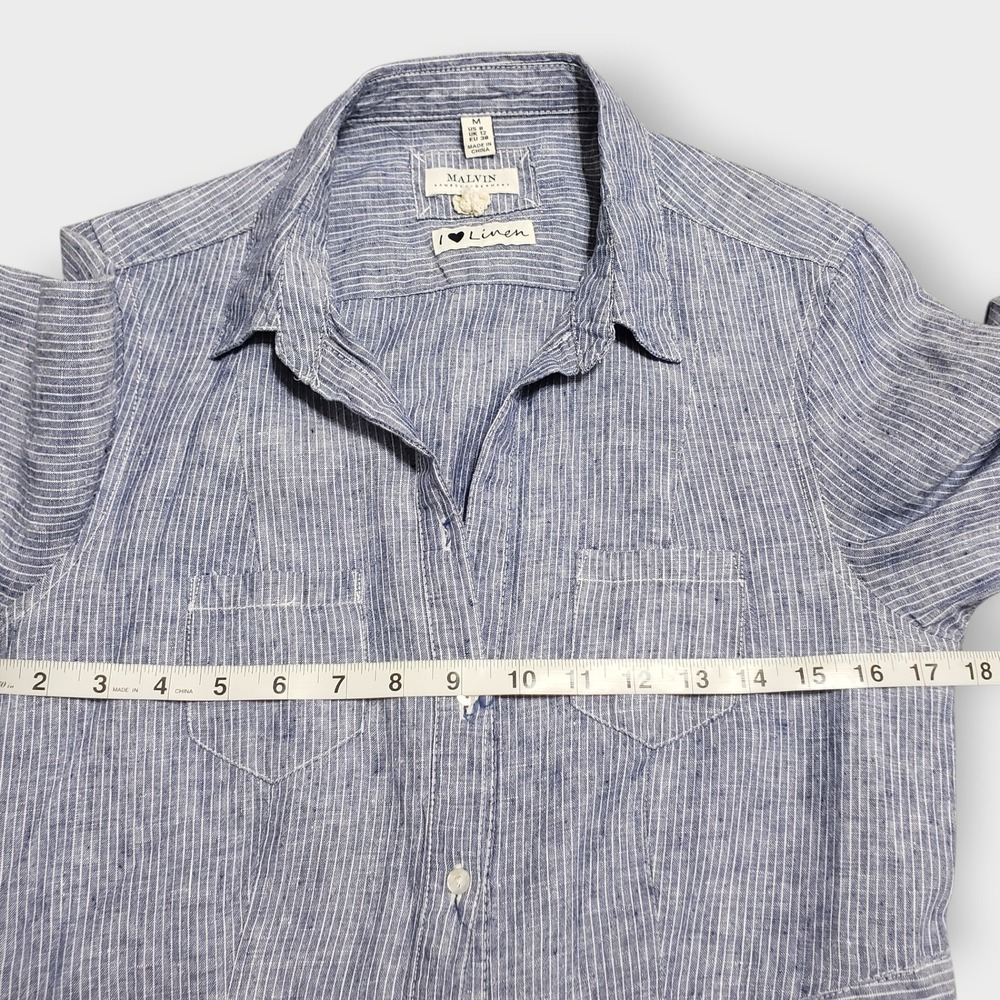 Malvin I Love Linen Blue White Striped Shirt Dress Womens Size M US 8 Pockets - Picture 10 of 13